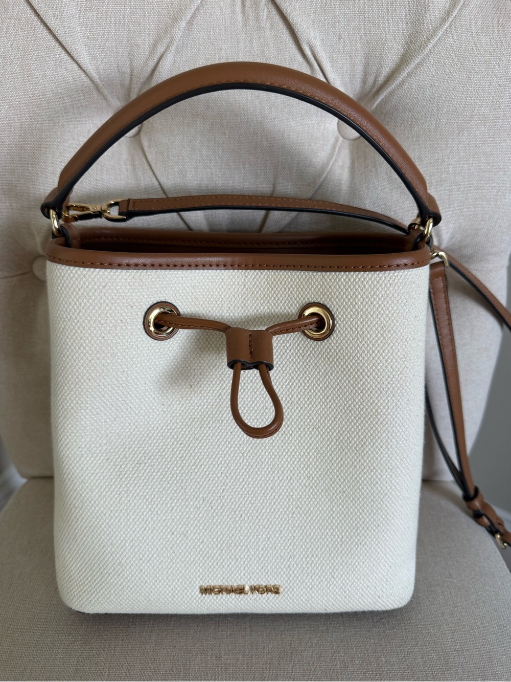 Michael Kors Cream and Brown Mini Bucket Bag with Top Handle